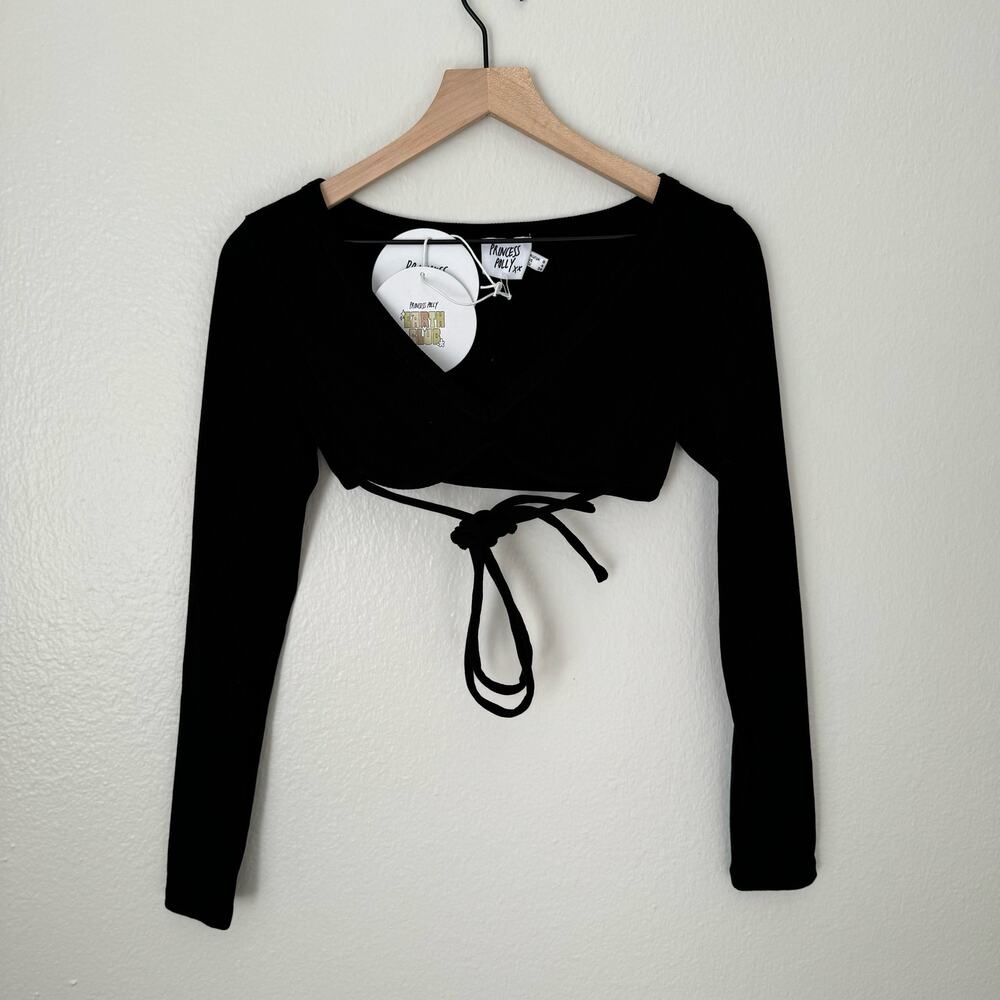 NWT Princess Polly Women's Black Longsleeve Crop Top Tie Front Festival Size 4